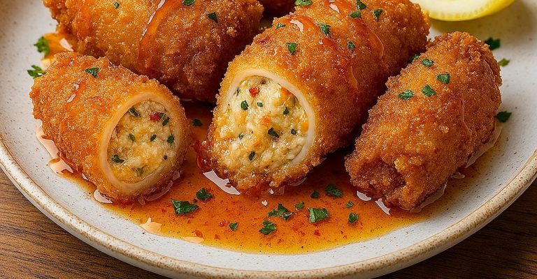 Crispy fried rolls filled with creamy cheese, garnished with herbs and a drizzle of sauce.
