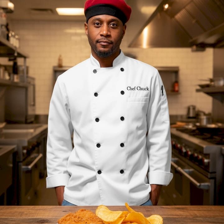 Chef wearing a white uniform and red hat stands in a kitchen with potato chips.