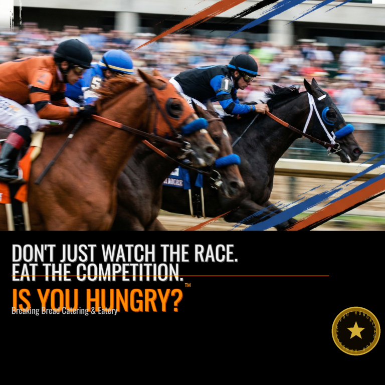 Two racehorses competing closely, with jockeys urging them forward. Text promotes competition.