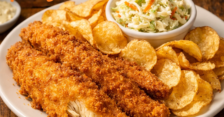 Crispy fried fish fillets with potato chips and a side of coleslaw.